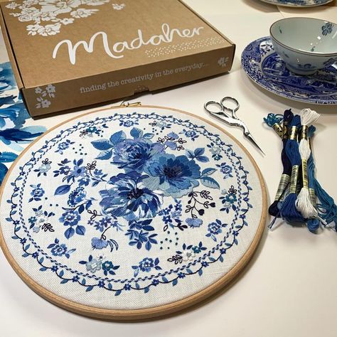 Indigo blue embroidery kit. BACK IN STOCK. | Etsy Porcelain Embroidery, Indigo Embroidery, Garden Embroidery, Painted Florals, Diy Embroidery Designs, Blue Porcelain, Fabric Embroidery, Blue Embroidery, Embroidery Craft