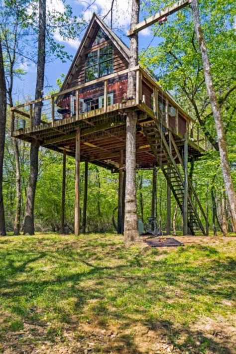 Shoal Creek Cabin on Stilts in TN Tree House On Stilts, A Frame Cabin On Stilts, River House Plans On Stilts, Small Cabin On Stilts, Small Stilt House, Dinning Room Inspiration, Tree House Cabin, Cottage On Stilts, House Plans On Stilts