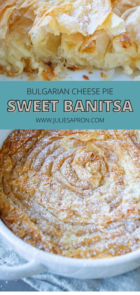 flakey phyllo dough with a sweet cheese filling Banitsa Recipe, Philo Dough, Sweet Ricotta, Phyllo Dough Recipes, Phyllo Recipes, Pastries Recipes Dessert, Greek Sweets, Ricotta Recipes, Bulgarian Recipes