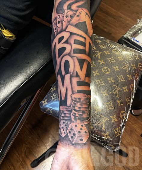 Bet On Me Tattoo Men, Bet On Me Tattoo Design, Ambitious Tattoo Ideas, Heavy Shading Tattoo, Man Of God Tattoo, Bet On Myself Tattoo, Men Half Sleeve Tattoo Forearm, Fye Tattoos Black Men, Bet On Me Tattoo Stencil