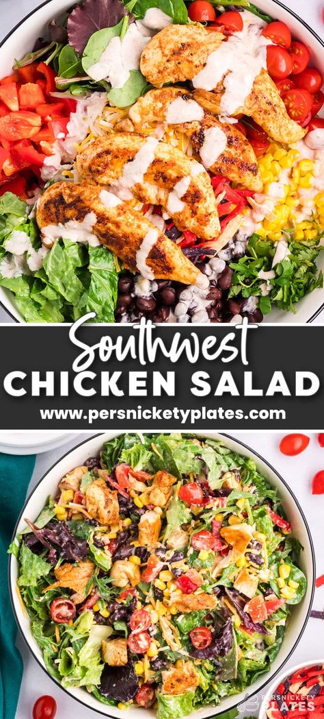 This fresh Chick-fil-A salad is a perfect copycat! Southwest chicken salad starts with spicy grilled chicken, mixed with fresh veggies, topped with a spicy-sweet salad dressing, and finished with crunchy tortilla strips. This colorful salad is loaded with southwest flavors and plenty of texture! Loaded Chicken Salad, Chicken Salad With Peanut Dressing, Creamy Salsa Dressing, Sweet Salad Dressings, Southwest Salad Recipe, Salsa Dressing, Sweet Salad, Persnickety Plates, Fiesta Salad