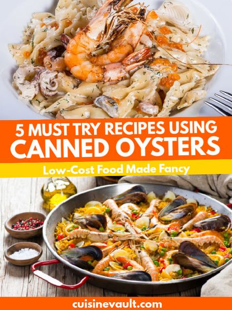 Got canned oysters in the pantry that you don't know what to do with? Check out these delicious recipes that will help you use up those cans of oysters. #cannedoysters #cuisinevault Keto Oyster Stew, Recipes Using Canned Smoked Oysters, How To Eat Canned Oysters, Oyster Meat Recipes, Recipes With Smoked Oysters, Smoked Oyster Pasta, Recipes Using Canned Oysters, Canned Oyster Recipes Appetizers, Smoked Mussels Canned