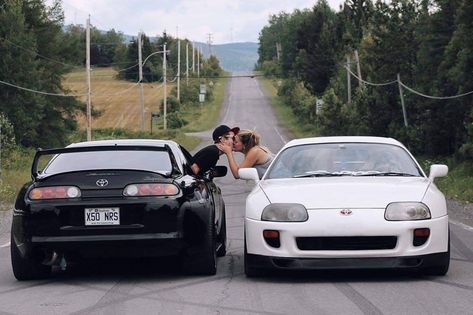 Street Racer Couple Aesthetic, Matching Car Pfp Couple, Car Guy Wedding Ideas, Jdm Couple, Car Couple Pictures, Mechanic Couple, His And Hers Cars, Car Themed Wedding, Prom Car