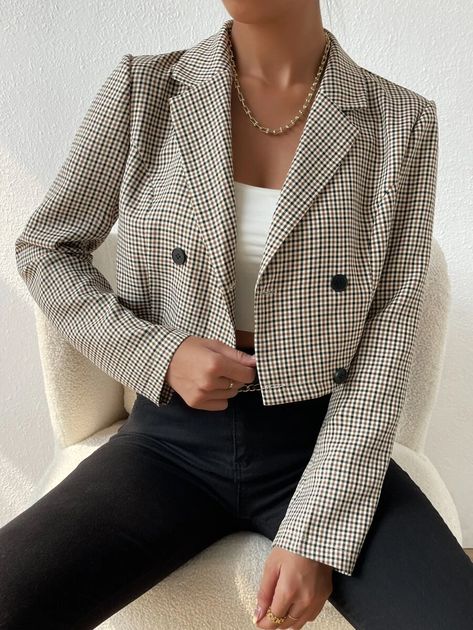 Plaid Blazer Outfit Women, Double Breasted Blazer Outfit Women, Crop Blazer Outfit, Cropped Blazer Outfit, Plaid Blazer Outfit, Unique Outfit Ideas, Express Outfits, Plaid Suit Jacket, Outfit Elegantes