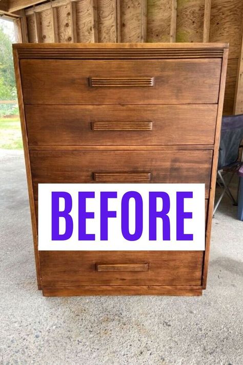 We love this dresser makeover idea to decorate your bedroom for cheap. Thrift store furniture flips are a budget friendly way to decorate Farmhouse style. #dressermakeover #dresserupcycle #diyfarmhouse Decorate Farmhouse Style, Wood Dressers Makeover, Dresser Upcycle, Dresser Flips, Stained Dresser, Cheap Dresser, Recycle Projects, Upcycle Dresser, Diy Furniture Flip