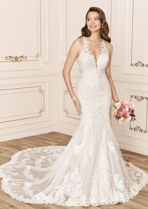 Sophia Tolli Style #Y12030. Sophia Tolli Wedding Dresses, Illusion Neckline Wedding Dress, Fit And Flare Gown, Sophia Tolli, Vintage Lace Weddings, Flare Gown, Illusion Neckline, Wedding Gowns Lace, Stretch Crepe