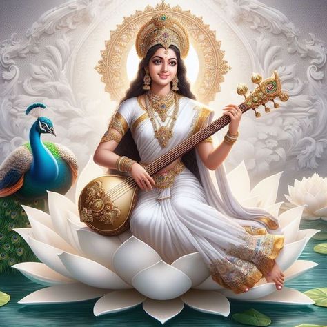 Saraswati Devi Photos, Ma Saraswati Images, Saraswati Goddess Art, Saraswathi Devi Images, Saraswati Goddess Paintings, Lord Saraswati, Saraswathi Devi, Saraswati Picture, Navratri Devi Images