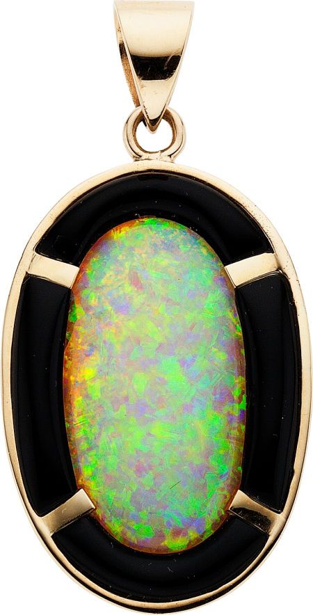 Opal, Black Onyx, Gold Pendant  The pendant features an oval-shaped opal measuring 30.00 x 17.00 x 6.40 mm, enhanced by carved black onyx, set in 14k gold. Opal Art, Opal Birthstone, Sweet Jewelry, Opal Pendant Necklace, Opal Pendants, Opal Necklace, Opal Jewelry, Gorgeous Necklaces, Pendant Set