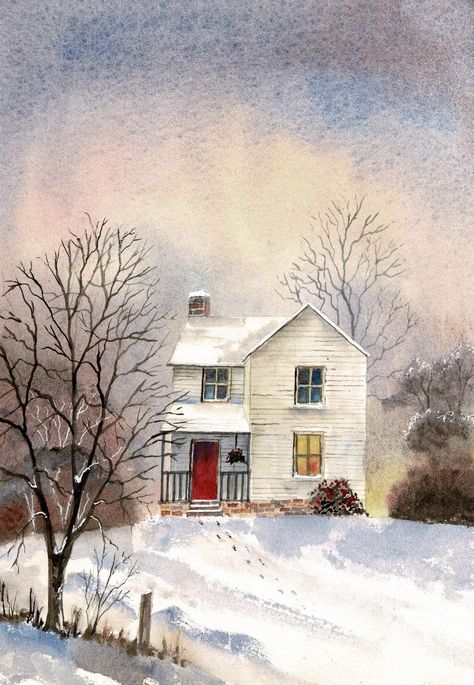 Snow Cottage, Watercolour Winter, House In Snow, Landscape House, Winter Evening, Snow Art, Cottage Art, Winter Painting, Clip Arts