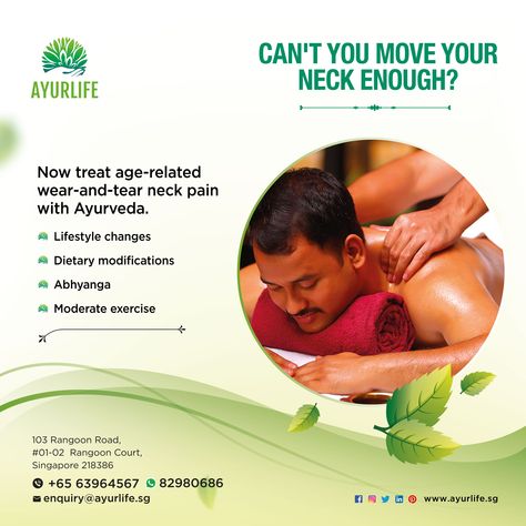 Do you have neck pain as a result of ageing? Ayurveda can help you treat it naturally! Ayurvedic Clinic, Festival Dates, Neck Pain, Lifestyle Changes, Ayurveda, Health Tips, Singapore, Dates, Festival