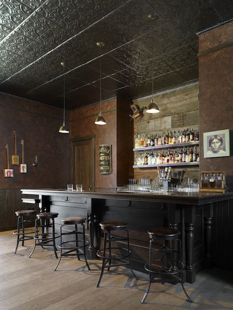 Biker Bar, Wine Tasting Room, Mid Century Bar, Tin Ceiling Tiles, Industrial Bar, Bar Interior, Tin Ceiling, Basement Bar, Vintage Bar