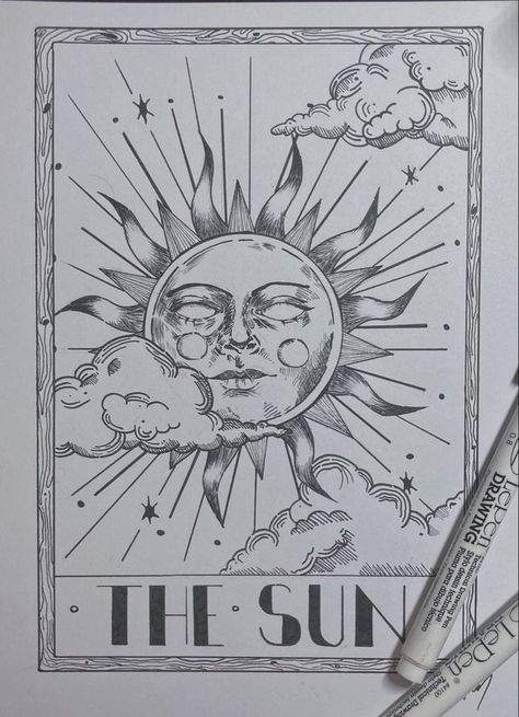 Tarot Card Sketch, Tarot Sketch, Diy Tarot Cards, White Sketches, Optical Illusion Tattoos, Illusion Tattoos, Sun Tarot Card, Hamsa Art, The Sun Tarot Card