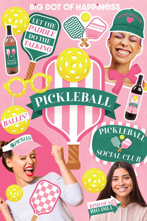 Big Dot of Happiness Pink Pickleball party decor essentials in pink and green supplies. Pickleball Themed Party, Pickleball Decor, Country Club Party, Perfect Match Bachelorette, Pink Pickleball, Party Ideas For Birthday, Pickleball Party, Club Birthday, Trendy Games