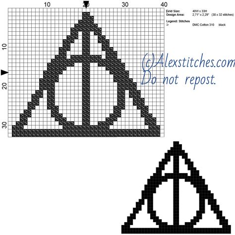 Harry Potter deathly hallows symbol free cross stitch pattern 40x33 1 color Harry Potter Deathly Hallows Symbol, Harry Potter Cross Stitch, Harry Potter Perler Beads, Harry Potter Cross Stitch Pattern, Cross Stitch Harry Potter, Harry Potter Crochet, Deathly Hallows Symbol, Free Cross Stitch Pattern, Modele Pixel Art