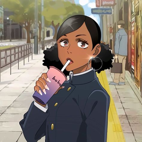 Black Anime Reference, Blk Anime Characters, Anime Black People, Black Anime Aesthetic, Anime Redraw, Black Anime Oc, Animated People, Poc Pfp, Black Sakura