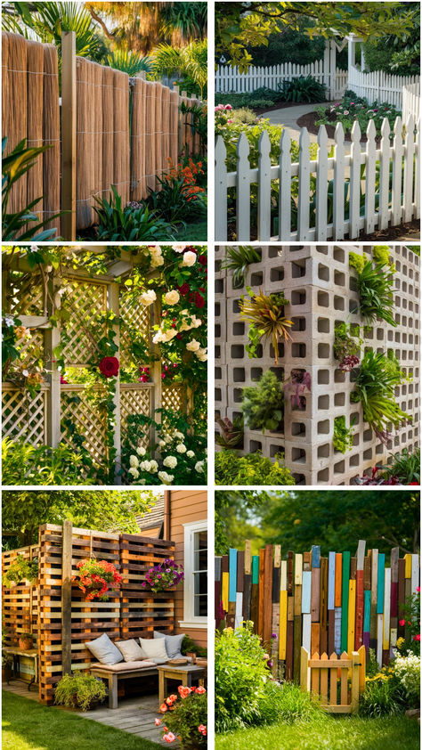 Image of a backyard with a simple wooden fence, DIY garden fence made of pallets, and a charming white picket fence. Diy Short Fence Ideas Cheap, Short Decorative Fence, Creative Privacy Fence, Diy No Dig Fence Ideas Cheap, Diy Stick Fence Garden, Diy Backyard Fence On A Budget, Diy Fencing Ideas, Diy No Dig Fence, Diy Garden Fence Cheap Simple