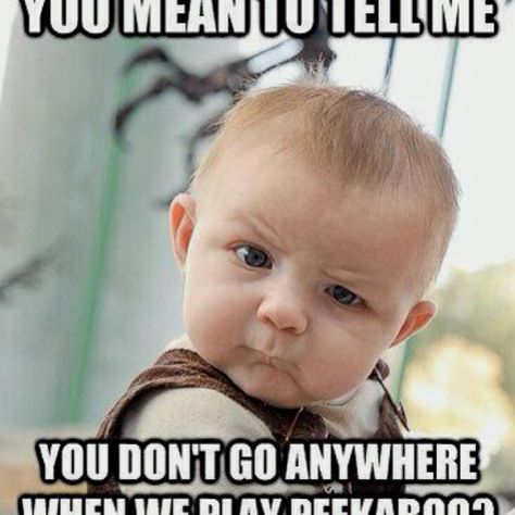 You mean to tell me...you don't go anywhere when we play peekaboo?! Kind Meme, Baby Memes, Kid Memes, Reality Check, Funny Sayings, E Card, Teacher Humor, Shakira, Funny Babies