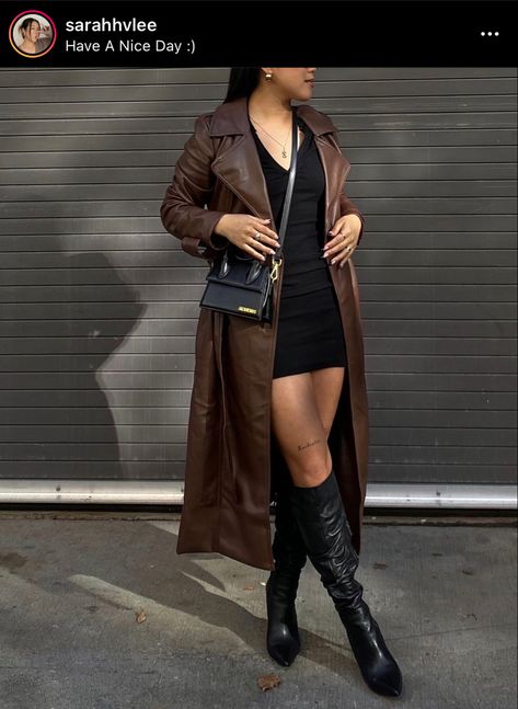 Black Dress Brown Jacket, Long Brown Leather Trench Coat Outfit, Brown Leather Coat Outfit Women, Long Brown Trench Coat Outfit, Long Brown Leather Coat Outfit, Brown Leather Trench Outfit, Brown Long Jacket Outfit, Long Brown Leather Coat, Outfit With Brown Coat