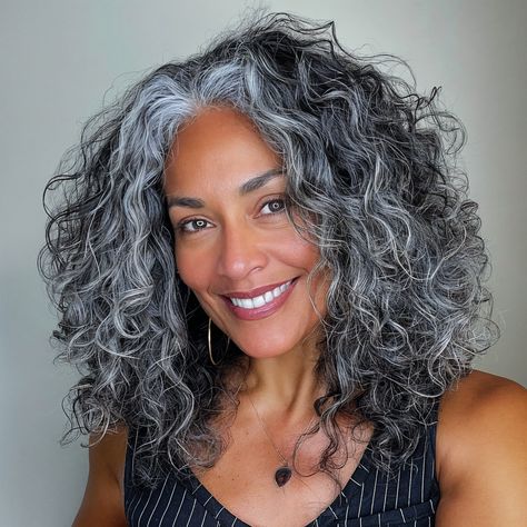 Naturally Grey Hair, Lowlights On Grey Hair, Gray Hair Black Women, Grey Blending Dark Hair, Curly Grey Hair Natural Curls, Silver Curly Hair, Healthy Gray Hair, Greying Hair, Gray Wigs