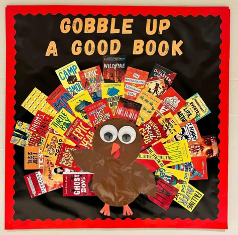 Gobble Up A Good Book Bulletin Board, November Displays Library, November Library Bulletin Board Ideas, Fall Library Bulletin Board Ideas, Thanksgiving Library Bulletin Boards, Nut Snowman, Halloween Library Bulletin Boards, Winter Reading Bulletin Boards, November Library Bulletin Boards