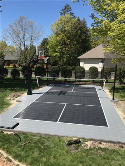 Backyard Badminton Court, Backyard Basketball Pickleball Court, Small Backyard Sport Court, Basketball Pickleball Court, Garage Pickleball Court, Pickle Ball Backyard, At Home Volleyball Court, Backyard Pickleball Court Landscaping, Pickleball Basketball Court Backyard