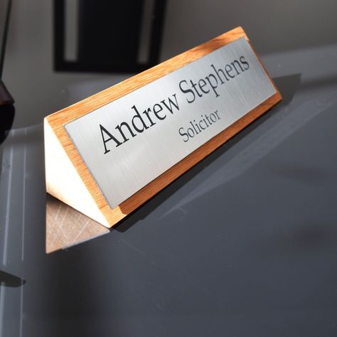 Laser Arts eCommerce Solid Wood Stylish Personalised Desk Name Plate, Desk Plaque made of OAK, Walnut, Sapele (Mahogany substitute) https://laserarts.co.uk/product/solid-wood-stylish-personalised-desk-name-plate-desk-plaque-made-of-oak-walnut-sapele-mahogany-substitute/ #Deskname #DeskPlaque #deskplate #engraving #plaque #school #sign Plate Design Ideas, Wooden Wall Art Panels, Office Name Plate, Desk Signs, Personalized Desk Name Plate, Phone Docking Station, Desk Plates, Desk Plaques, Name Plate Design