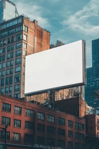 ↑↑↑ Larger size on website 🔸 A large blank billboard is mounted on a rooftop in a city.  The billboard is white and is positioned City Billboard, Blank Billboard, Glass Building, Cyberpunk City, City Scene, Urban Setting, Urban Renewal, Bright Blue, Cyberpunk