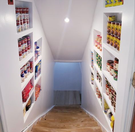 Basement Stairs Pantry Ideas, Basement Stair Wall Storage Ideas, Closet Above Basement Stairs Storage Spaces, Shelving In Stairwell, Basement Stairway Storage Shelves, Basement Stair Pantry, Cellar Stairs Ideas Basements, Stairway Pantry Storage Ideas, Stairwell Pantry Ideas