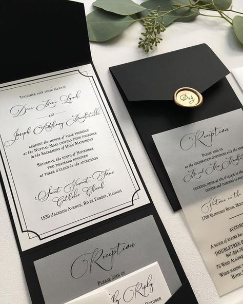 Wedding Card Black And Gold, Black And Grey Wedding Invitations, Fancy Quince Invitations, Classical Wedding Invitations, Wedding Elegant Invitations, Black Invitations Wedding, Black Wedding Invitation Cards, Black Embossed Wedding Invitations, High End Wedding Invitations