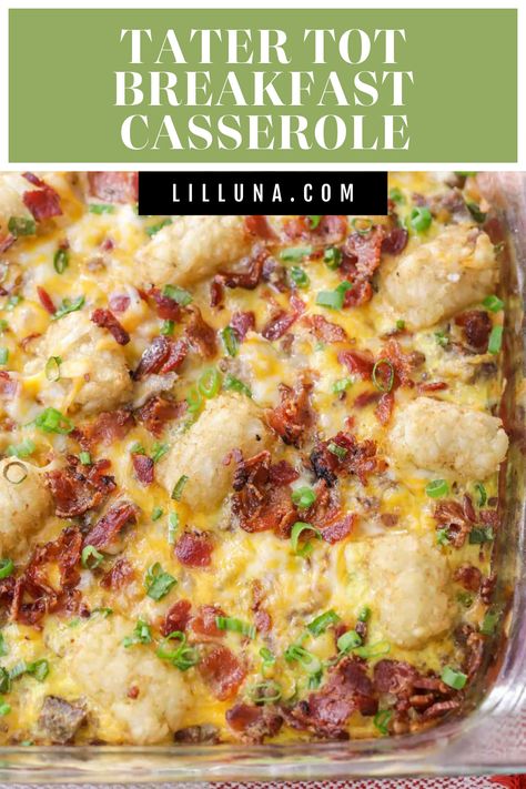 Flavorful, filling, and perfect for a crowd - this cheesy tater tot breakfast casserole is packed with both bacon AND sausage!! #breakfastcasserole #breakfast #tatertot #casserole Tator Tot Breakfast, Crowd Meals, Cheesy Tater Tots, Tot Breakfast Casserole, Unique Diy Crafts, Bacon And Sausage, Amazing Snacks, Tater Tot Breakfast Casserole, Breakfast Casserole Bacon