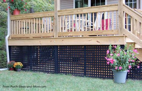 Black vinyl lattice makes attractive skirting for porch or deck! See more at www.front-porch-ideas-and-more.com Lattice Privacy Fence, Lattice Deck, Vinyl Lattice Panels, Skirting Ideas, Mobile Home Skirting, Blair House, Deck Skirting, Porch Landscaping, Raised Deck