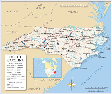 Nations Online Project - About North Carolina, the state, the landscape, the people. Images, maps, links, and background information Map Of North Carolina, North Caroline, Nc Map, North Carolina Map, Pisgah National Forest, North America Map, Coastal Plain, State Capital, Las Vegas City