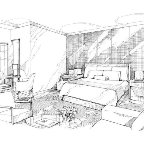 Pen & Ink rendering of luxury hotel guest room Www.MichaelFlynnStudios.com. Design credit: HBA. #handsketch #handrenderings #interiordesign #interiors #drawing Ink Rendering, Croquis Architecture, Interior Drawing, Interior Door Trim, Interior Design Videos, Furniture Design Sketches, Best Home Interior Design, Interior Architecture Drawing, Drawing Interior