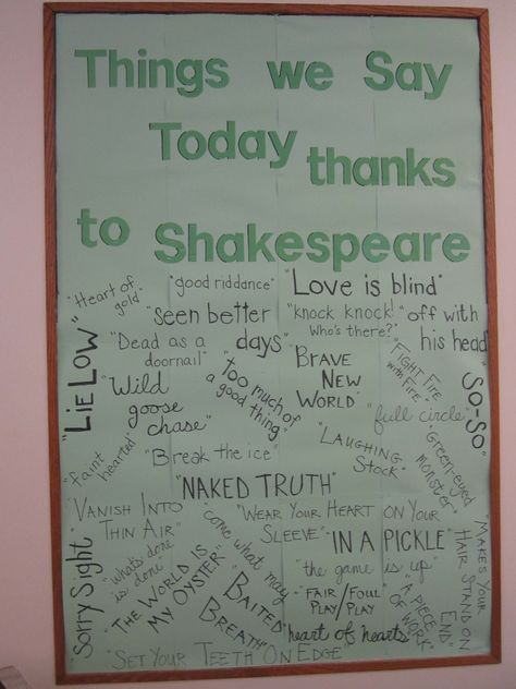 Shakespeare bulletin board Shakespeare Classroom Decor, Theater Classroom Ideas High Schools, Shakespeare Bulletin Board, Bulletin Board Library, Boarders For Bulletin Boards, Theatre Decor, High School Bulletin Boards, Theatre Classroom, Growth Mindset Bulletin Board