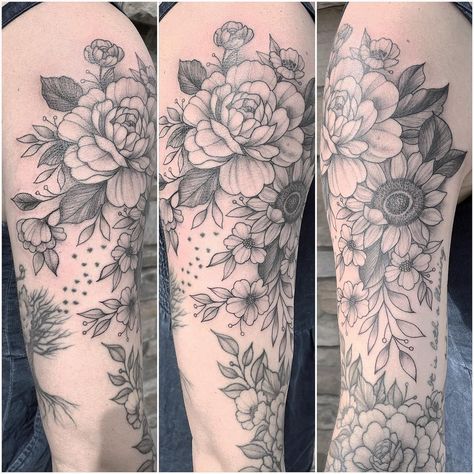 Peonies And Sunflowers Tattoo, Magnolia And Sunflower Tattoo, Peony Sunflower Tattoo, Peony And Sunflower Tattoo, Gladiolas Tattoo, Left Arm Tattoo, Peony Flower Tattoos, Left Arm Tattoos, Empire Tattoo