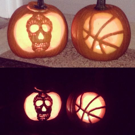 Sugar skull and a basketball pumpkin carving I did for my kids... Basketball Pumpkin Carving, Sports Pumpkin Carving Ideas, Pumpkin Carving Ideas Basketball, Basketball Pumpkin, Pumpkin Carving Ideas Sports, Soccer Pumpkin Carving, Pumpkin Carving Baseball Ideas, Kids Pumpkin Carving, Pumpkin Carving Tools