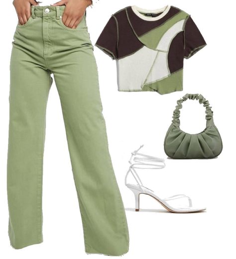 Green Pant Outfits Aesthetic, Pastel Green Outfit Aesthetic, How To Style Green Pants Aesthetic, Pastel Green Pants Outfit, Trendy Green High-waisted Parachute Pants, Insta Baddie Fits, Contrast Top, White Heels, Baddie Outfits Casual