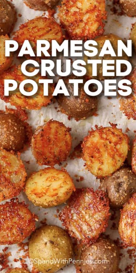 This Parmesan Crusted Potato recipe is super easy to make. Only 10 minutes of prep time, then pop in the oven while the main dish is cooking! #spendwithpennies #parmesancrustedpotatoes #sidedish #roasted #ovenroasted #cheesy Crusted Potatoes, Crispy Parmesan Potatoes, Parmesan Crusted Potatoes, Roasted Potato Recipes, Parmesan Potatoes, Potato Recipes Side Dishes, Potato Sides, Parmesan Crusted, Potato Recipe