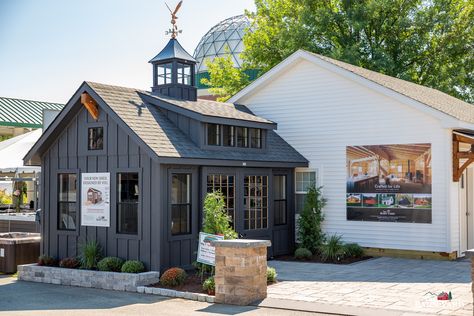 Shed In Front Of House, Black Carriage House, Cupola On Shed, Backyard Farmhouse Ideas, Modern Farmhouse Shed, House With Cupola, Farmhouse Garden Landscaping, Farmhouse Carriage House, Board And Batten Shed