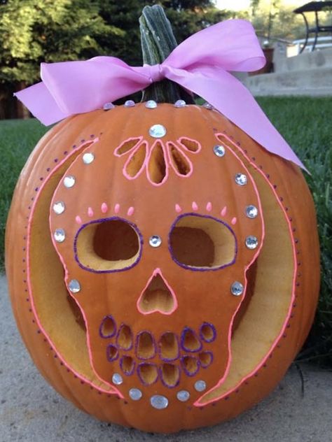 Sugar Skull Jack O Lantern, Skull Jack O Lantern, Best Pumpkin Decorating Ideas, Cool Pumpkin Carving Ideas, Cool Pumpkin Carving, Jack O Lantern Ideas, Sugar Skull Pumpkin, Pumkin Decoration, Games Thanksgiving