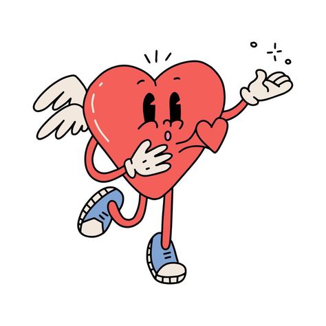 Heart mascot retro cartoon character with a beating heart. Cute groovy cartoon cupid mascot for valentines day greeting cards. Vector contour hand drawn isolated illustration. Retro Heart Cartoon, Heart Card Design, Cartoon Cupid, Cupid Illustration, Groovy Cartoon, Heart Mascot, Valentines Day Greeting Cards, Mary Tattoo, Retro Heart