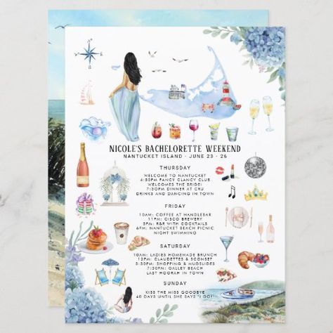 Bachelorette Weekend Itinerary | Nantucket for $3.20 - Bachelorette Invitations Bachelorette Card, Last Fling Before The Ring, Bachelor Party Invitations, Bachelorette Party Itinerary, Bachelorette Weekend Itinerary, Watercolor Travel, Bachelorette Itinerary, Bachelorette Party Planning, Weekend Itinerary