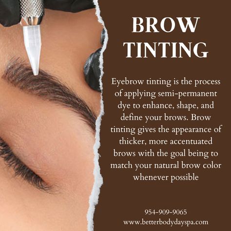 Brow tinting will give the appearance of thicker more fuller eyebrows! Book today by giving us a call at 954-909-9065! Eyebrow Tint Benefits, Brow Model Needed Post, Brows Tint, Eyebrow Business, Shading Guide, Skin Esthetics, Brow Technician, Brows Waxing, Lash Posts