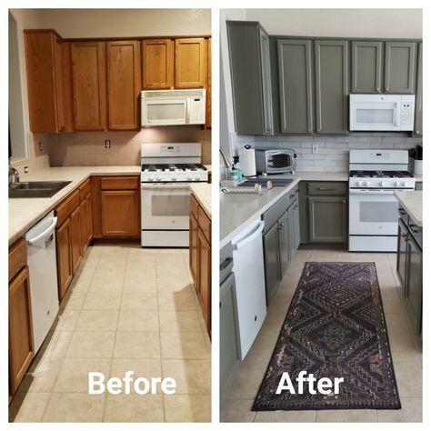 Benjamin Moore Chelsea Gray, Facelift Before And After, White Kitchen Appliances, Kitchen Facelift, Brown Kitchen Cabinets, Chelsea Gray, Small Kitchen Layouts, Paint White, Diy House Renovations