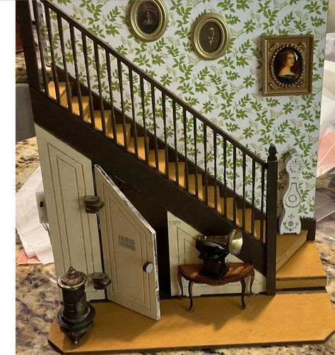 A variation on the Cupboard Under the Stairs theme. I wanted it to have an old-fashioned look to it. : booknooks Cupboard Under The Stairs, Room Under Stairs, Under Stairs Cupboard, Under The Stairs, Room Boxes, Room Box, Under Stairs, Shadow Boxes, Book Nooks