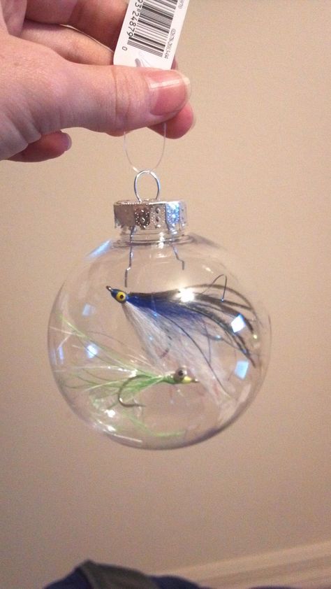 fishing theme, aisle decoration, fishing ornament, possible hanging centerpiece idea, DIY ornament, Christmas ornament and fishing lures / fishing flies Sea Ornaments, Fishing Ornament, Fish Decorations, Fishing Jewelry, Hanging Centerpiece, Xmas Projects, Diy Fishing, Fishing Christmas, Fish Ornaments