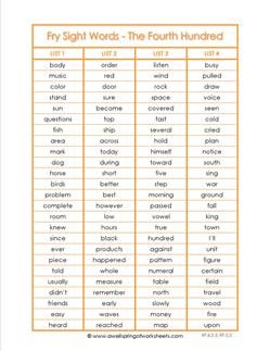 Fry list - the Fourth 100 is a list of 100 high frequency words recommended for fourth and fifth grade. See all our color Fry word lists and flash cards! Fry Words List, High Frequency Sight Words, Spelling Ideas, Fry Words, Fry Sight Words, Kid Life, Sight Words List, Sight Word Practice, Word Practice