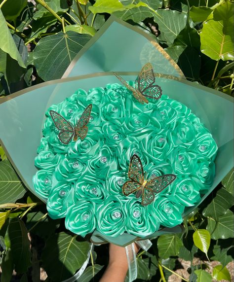 Eternal Flower Bouquet, Butterflies On Flowers, Ribbon Rose Bouquet, Ribbon Rose Bouquets, Roses Bouquet Gift, Ribbon Flowers Bouquet, Mint Green Flowers, Flower Boquet, Birthday Flowers Bouquet