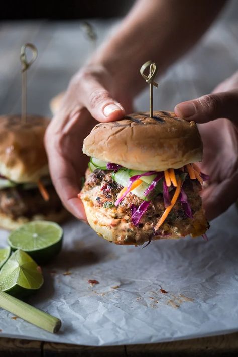 Thai Turkey Burger Recipe Thai Turkey Burgers, Crunchy Asian Slaw, Thai Burger, Thai Flavors, Feasting At Home, Amazing Burger, Spicy Aioli, Asian Slaw, Turkey Burger Recipes