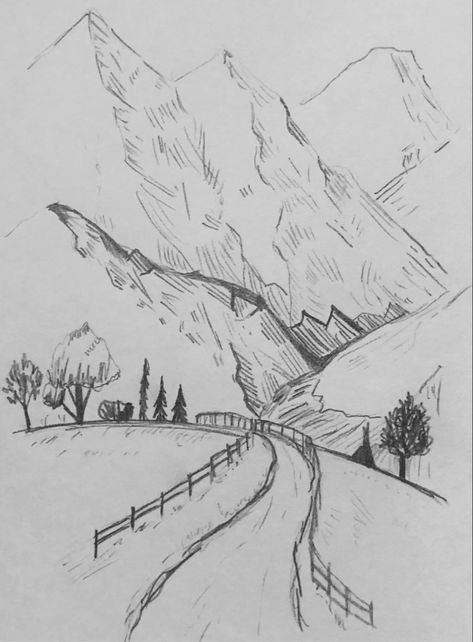 mountains sketch Art Sketches Of Nature, Drawing Backgrounds Ideas Sketch Easy, Simple Drawing To Draw, Drawing Ideas Easy Mountains, Drawings Scenic, Mountain Path Drawing, Detailed Landscape Drawing, Drawings Ideas Landscape, Aesthetic Mountain Drawing